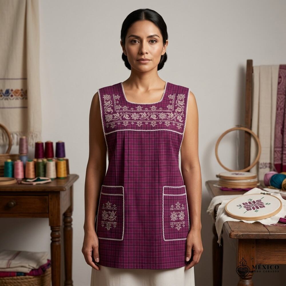 Traditional Mexican Cross-Stitch Embroidered Apron – Deluxe Artisan Smock Style